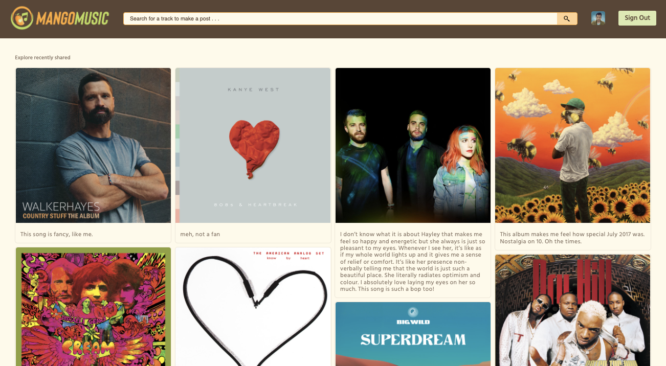 screenshots of mango music, a music based social media website